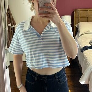 AERIE OFFLINE Blue and White Striped Nautical Polo Cropped Boxy Women's …
